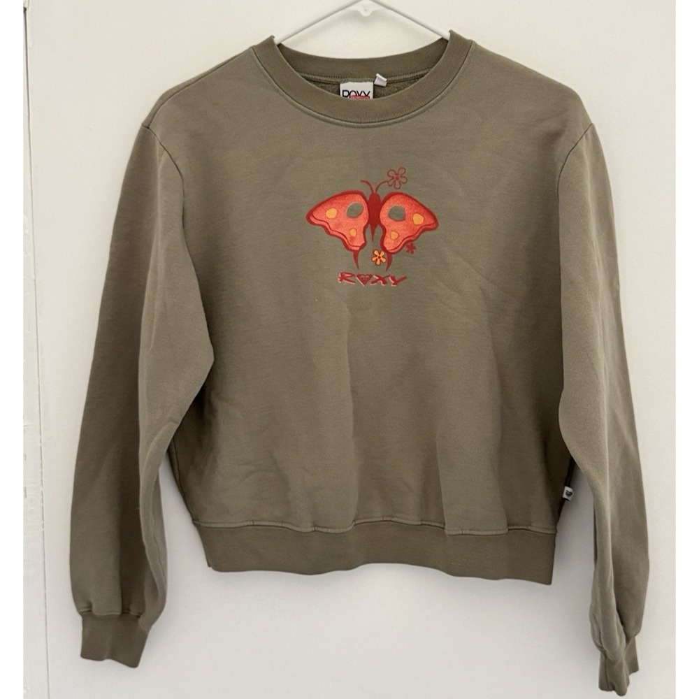 ROXY Sweatshirt Women's M Olive Green Crewneck Crop Long Sleeve VTG/Y2K